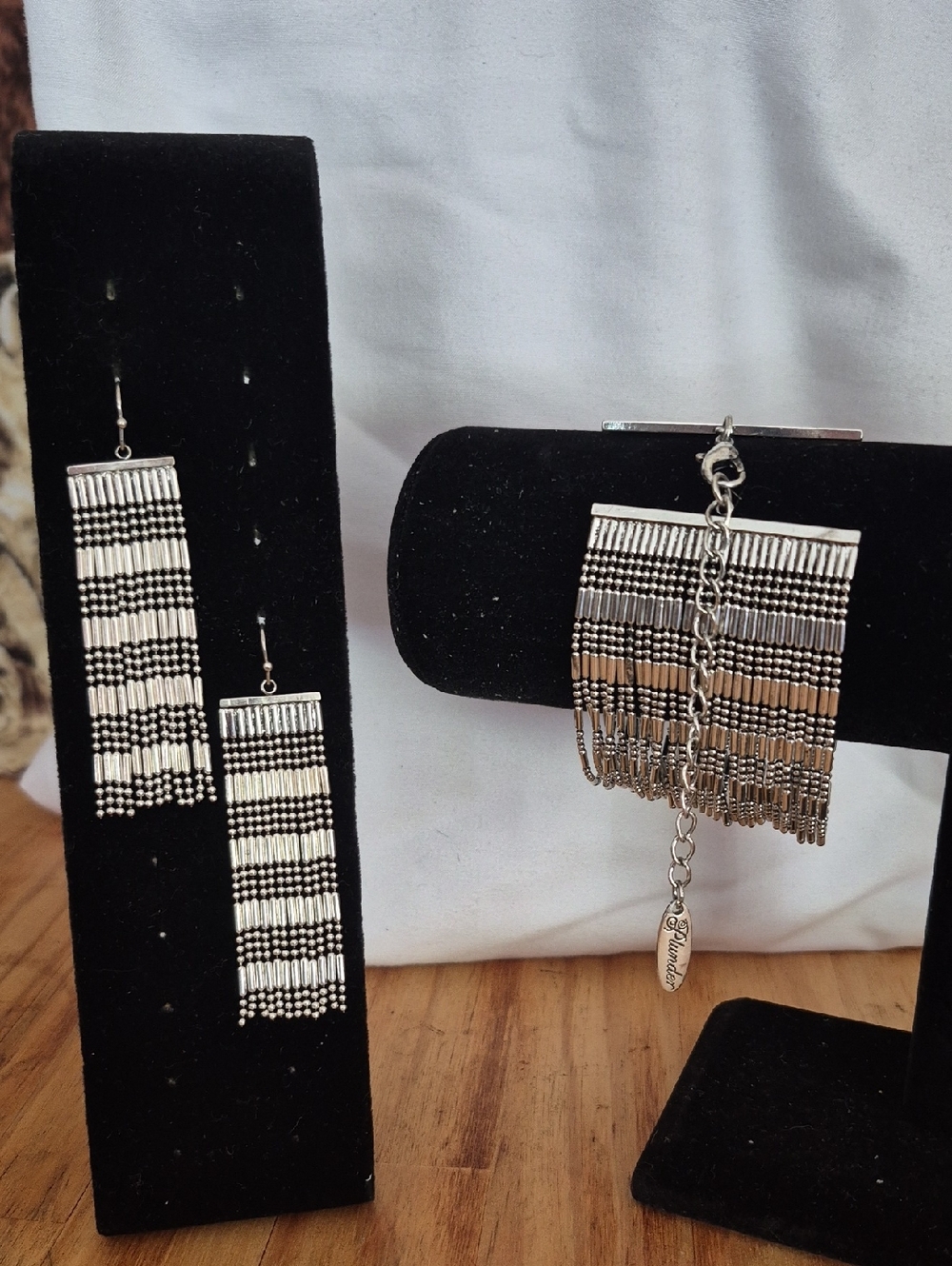 Silver Fringe Bead Earrings and Bracelet Set